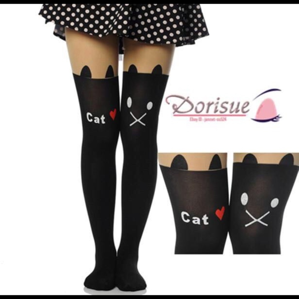 Woman girls Cat look face print stocking socks